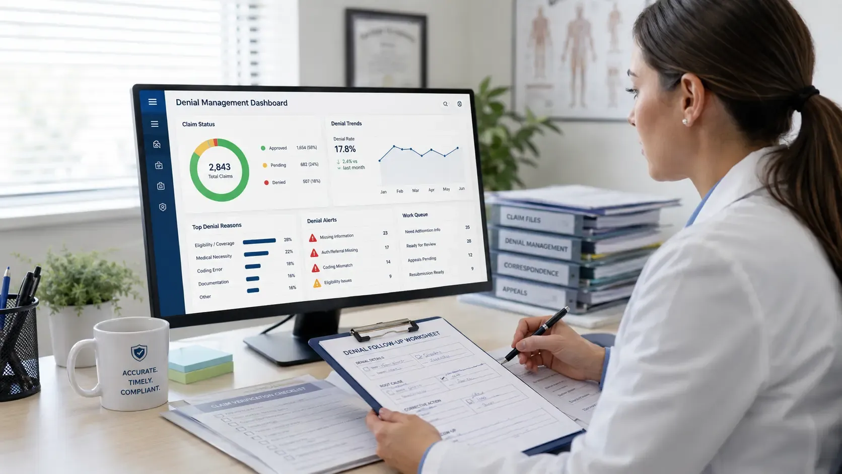Medical billing specialist reviewing denial trends, claim alerts, and prioritized follow-up tasks