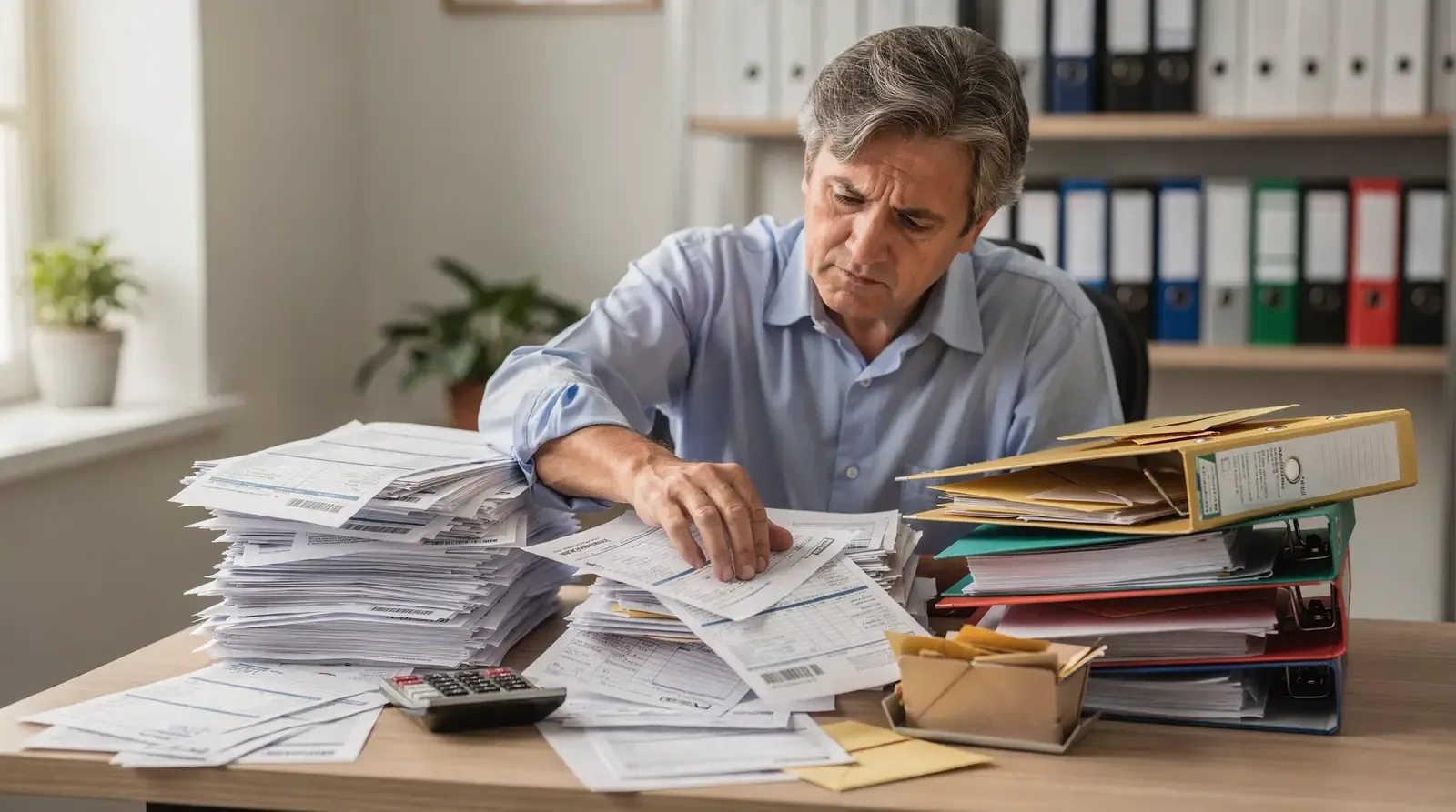 Practice administrator managing an overwhelming backlog of medical billing claims and paperwork