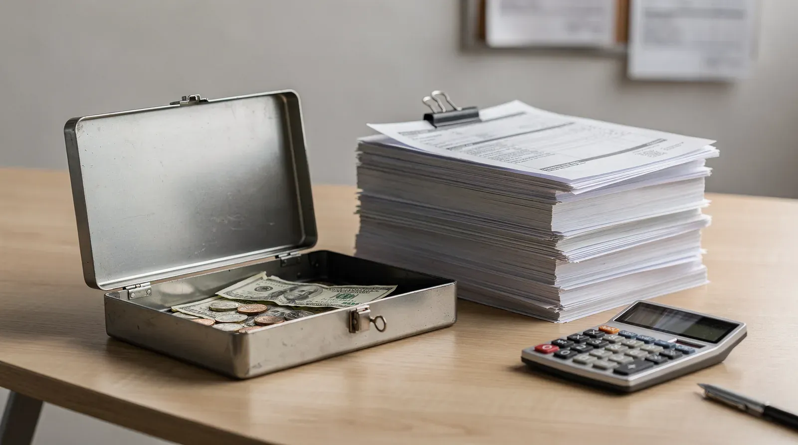 Stack of medical billing claims with cash and calculator representing aging A/R and timely filing deadline risk